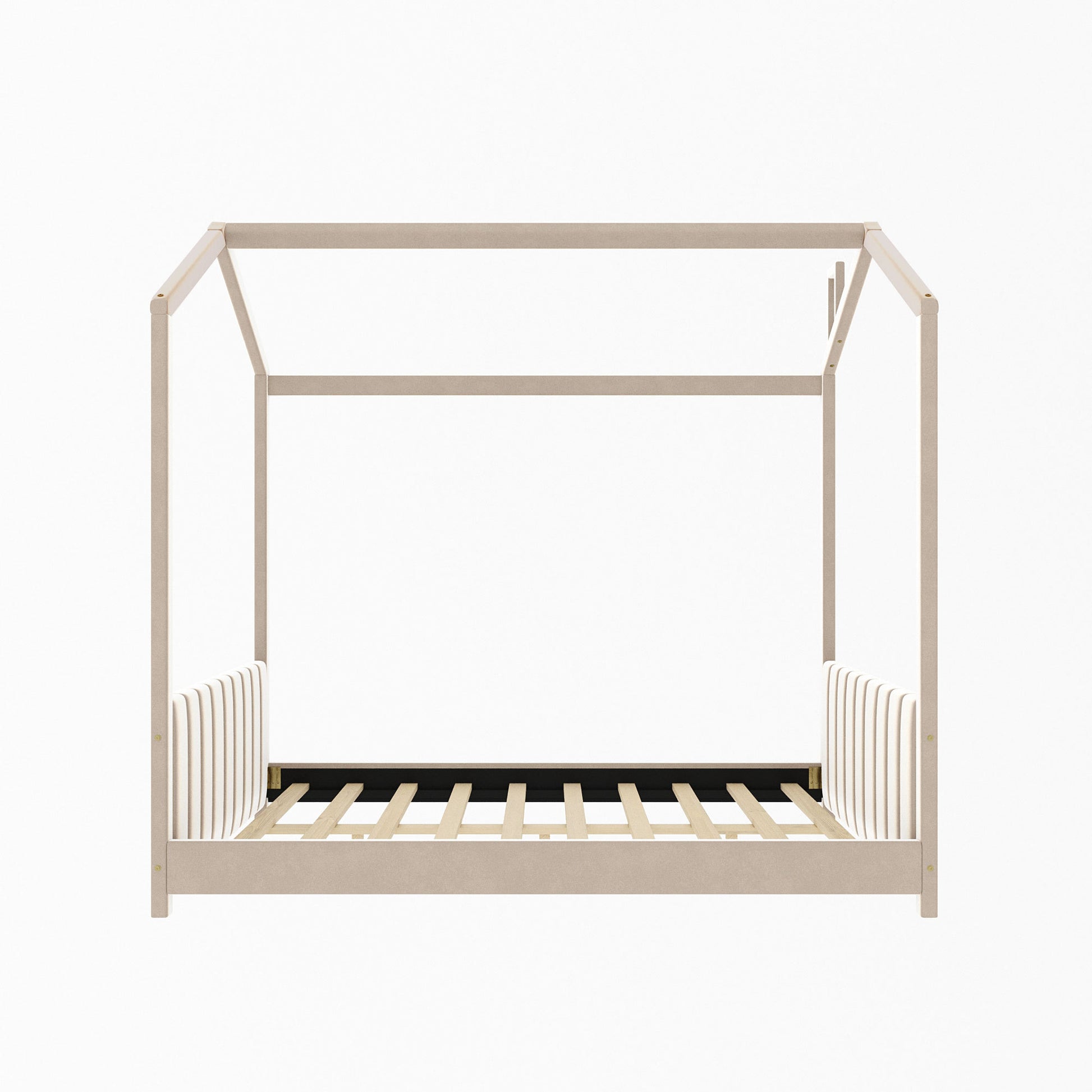 Full Size Velvet House Bed Wood Bed, Beige Beige Velvet