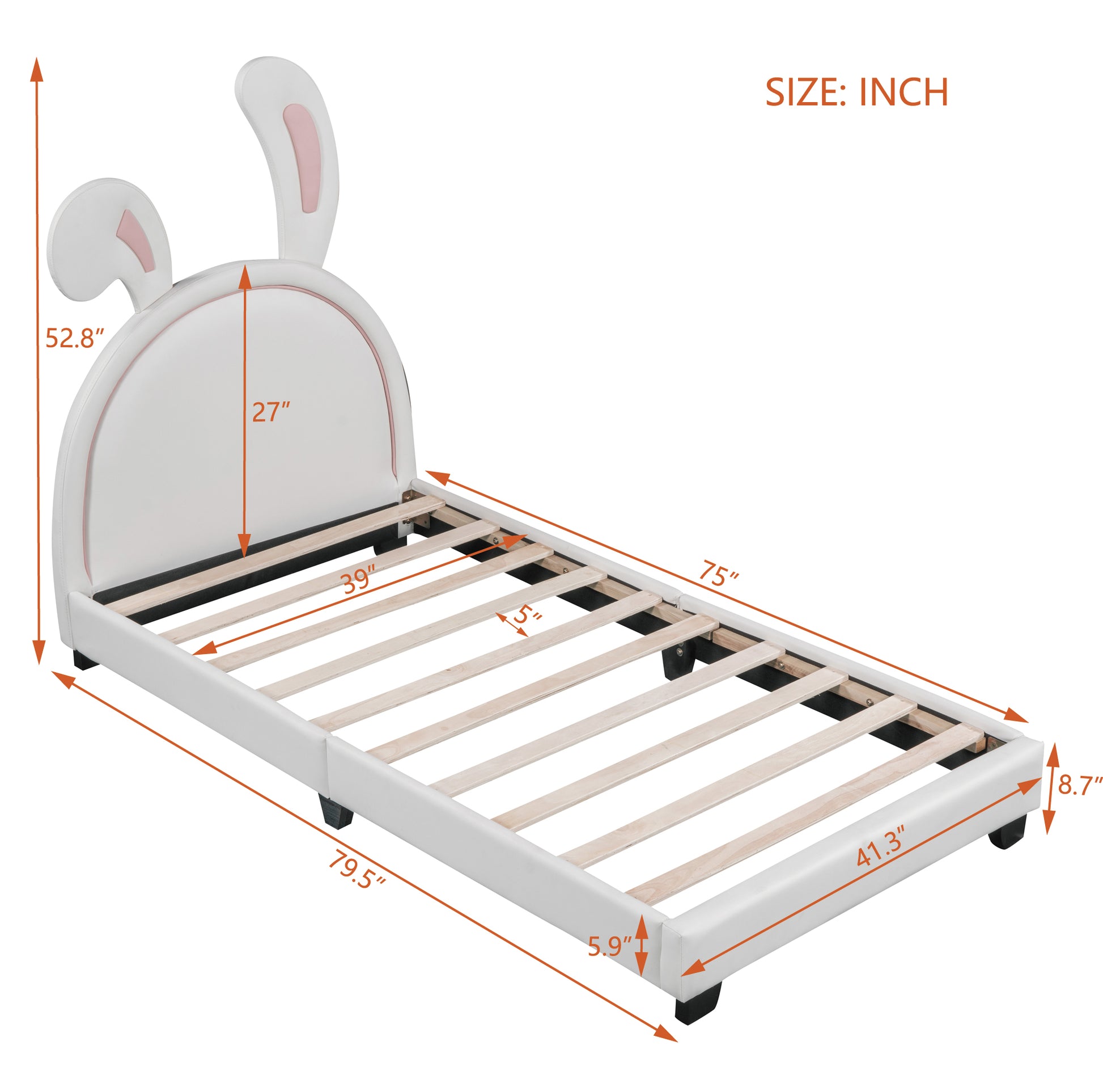 Twin Size Upholstered Leather Platform Bed With Rabbit Ornament, White White Pu Leather