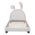 Twin Size Upholstered Leather Platform Bed With Rabbit Ornament, White White Pu Leather