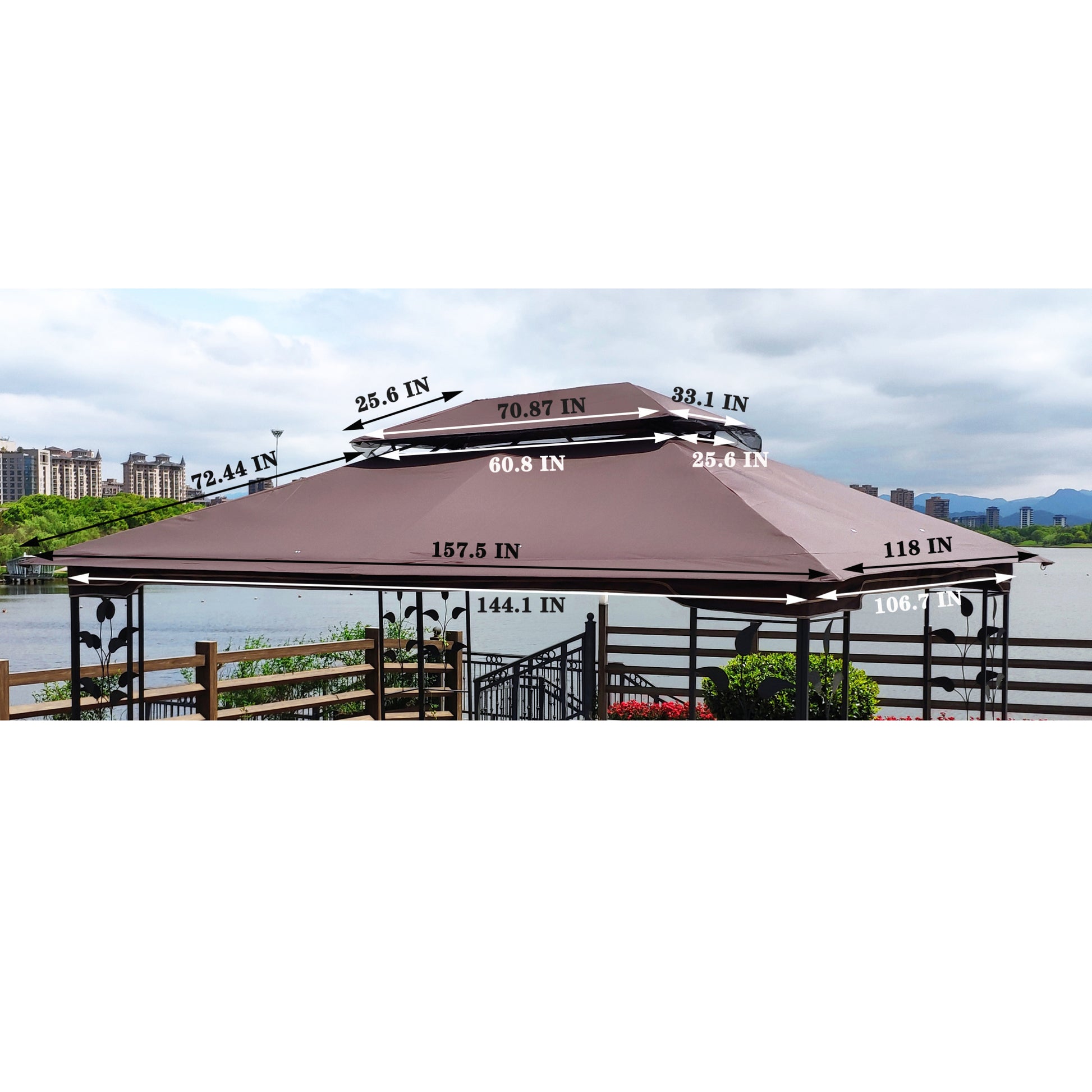 13X10 Ft Patio Double Roof Gazebo Replacement Canopy Top Fabric,Brown Brown Polyester