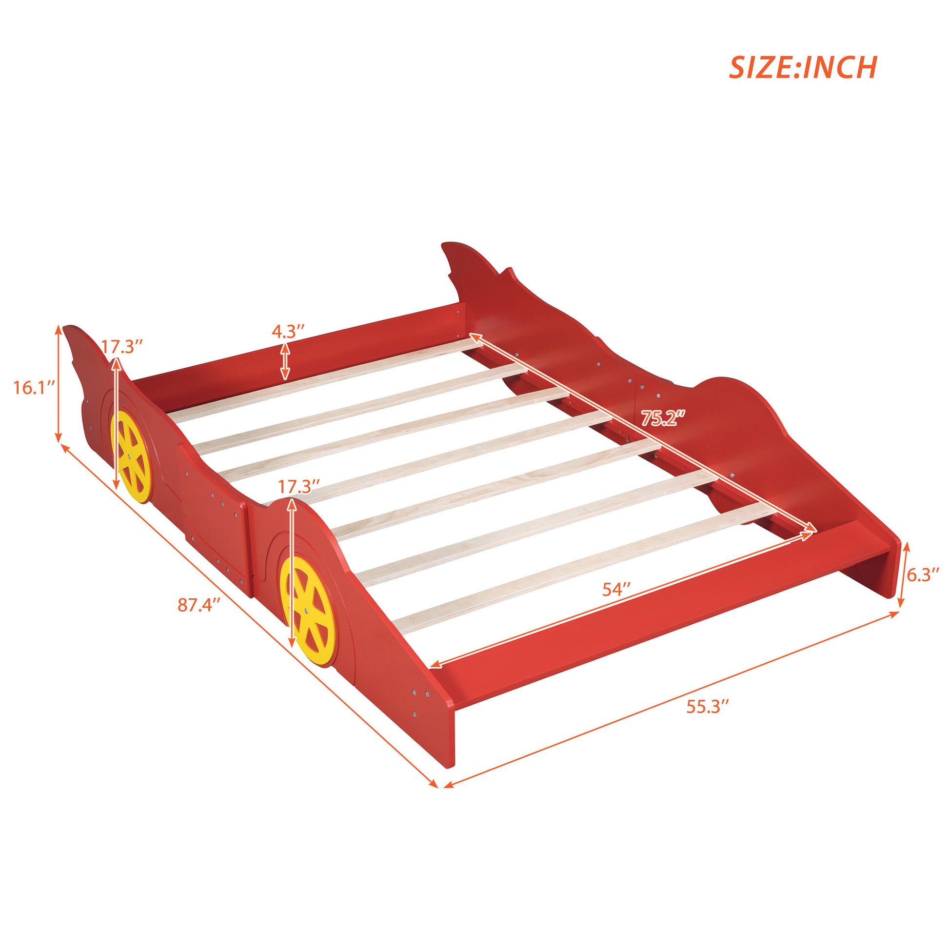Full Size Race Car Shaped Platform Bed With Wheels,Red Red Plywood
