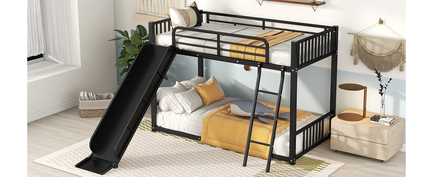 Metal Bunk Bed With Slide, Twin Over Twin, Black Box Spring Not Required Black Metal Bedroom Metal