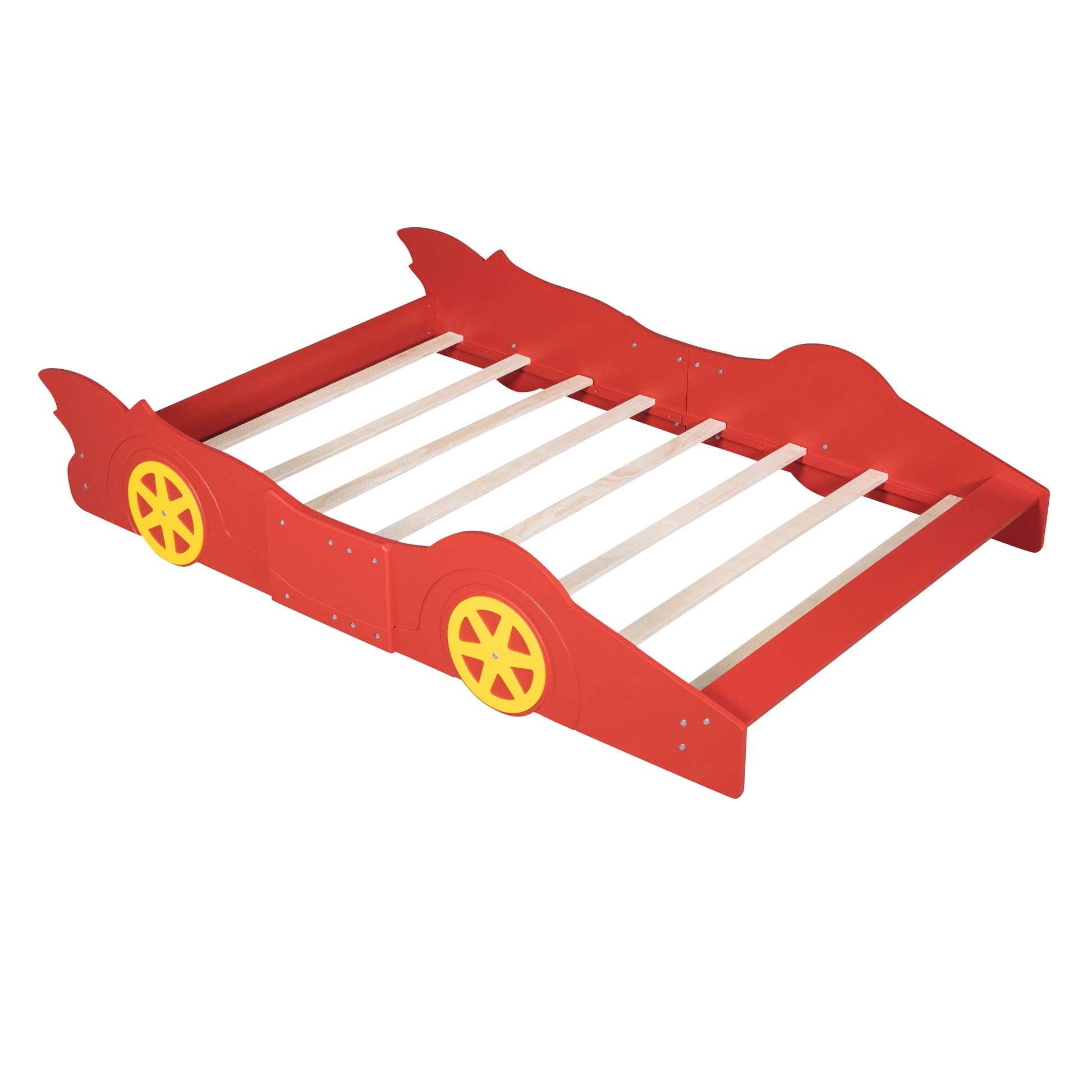 Full Size Race Car Shaped Platform Bed With Wheels,Red Red Plywood