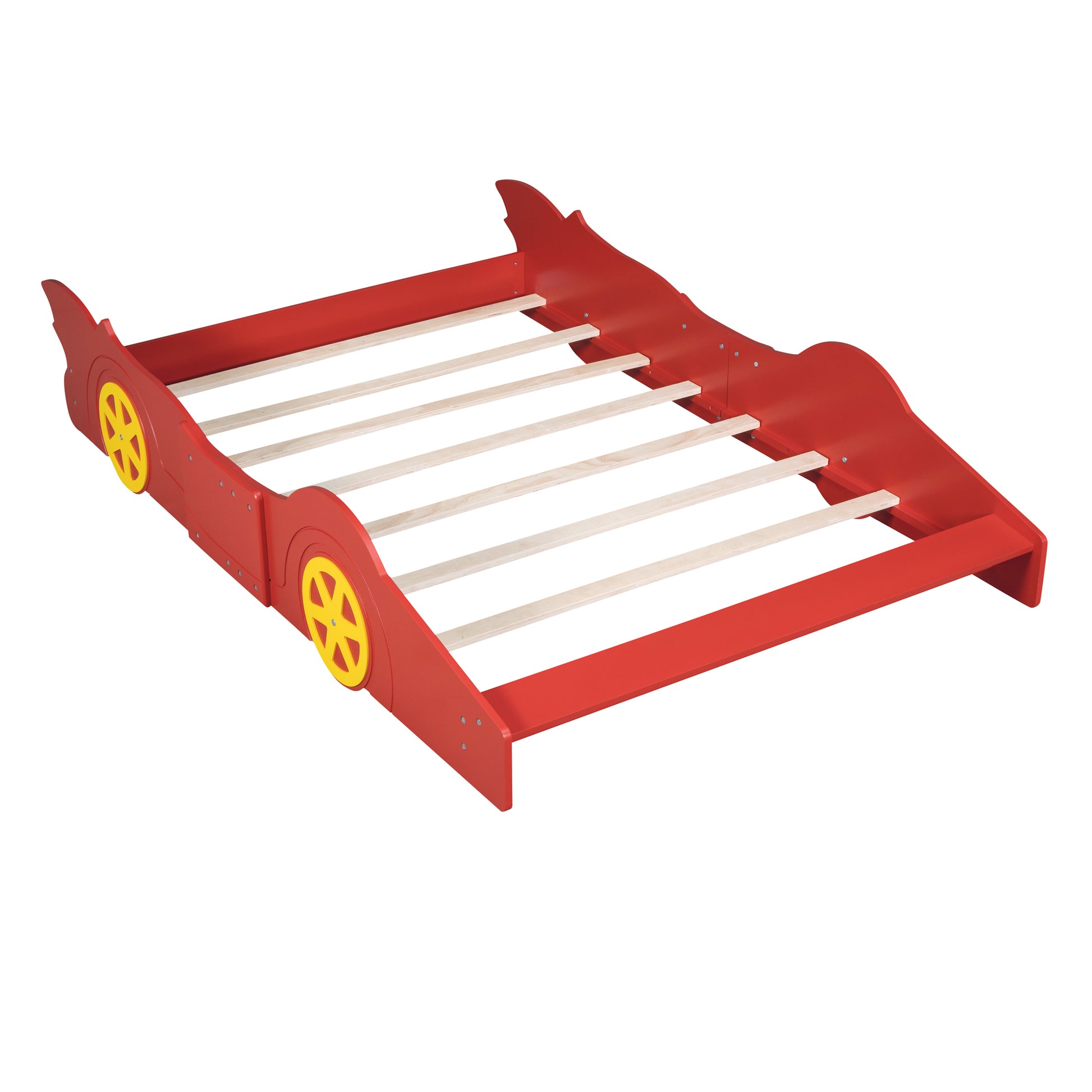 Full Size Race Car Shaped Platform Bed With Wheels,Red Red Plywood