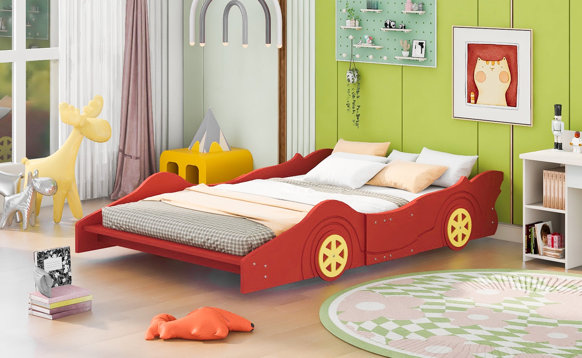 Full Size Race Car Shaped Platform Bed With Wheels,Red Red Plywood