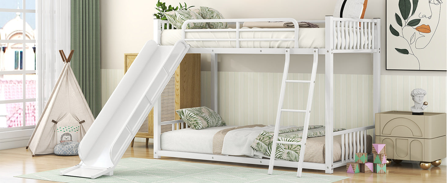 Metal Bunk Bed With Slide, Twin Over Twin, White Box Spring Not Required White Metal Bedroom Metal