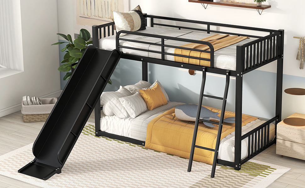 Metal Bunk Bed With Slide, Twin Over Twin, Black Box Spring Not Required Black Metal Bedroom Metal