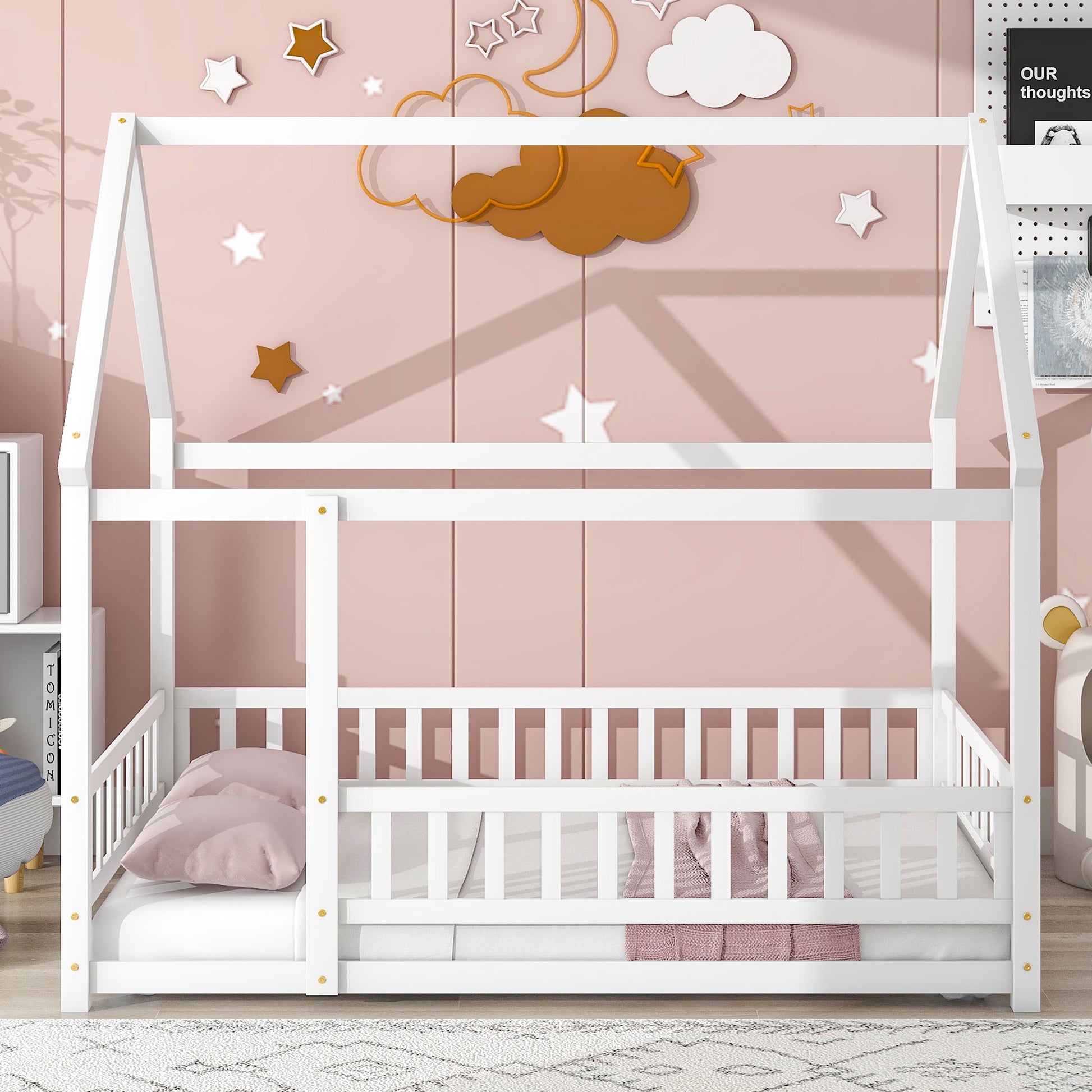 Full Size Floor Wooden Bed With House Roof Frame, Fence Guardrails ,White Old Sku:W50471475 Full White Pine