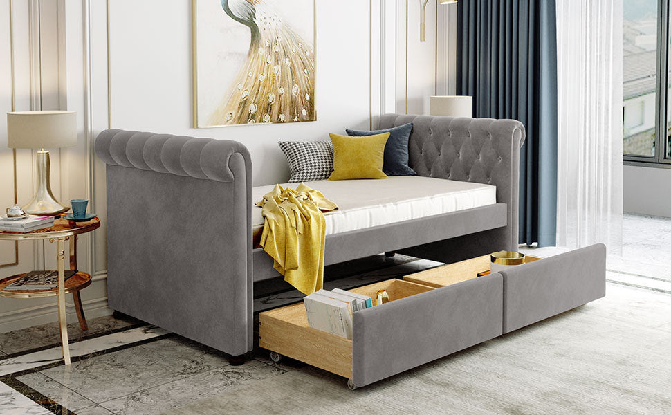 Twin Size Upholstered Daybed With Drawers, Wood Slat Support, Gray Old Sku :Lp000117Aae Twin Gray Upholstered