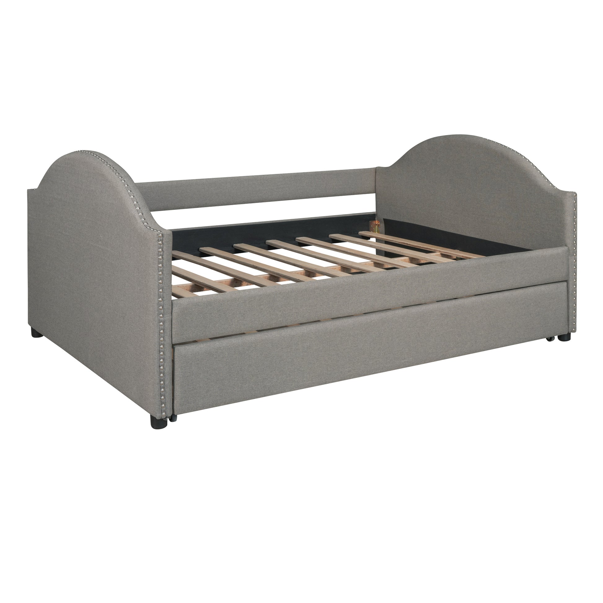 Full Size Upholstered Daybed With Twin Size Trundle, Wood Slat Support, Gray Old Sku :Lp000118Aae Gray Upholstered