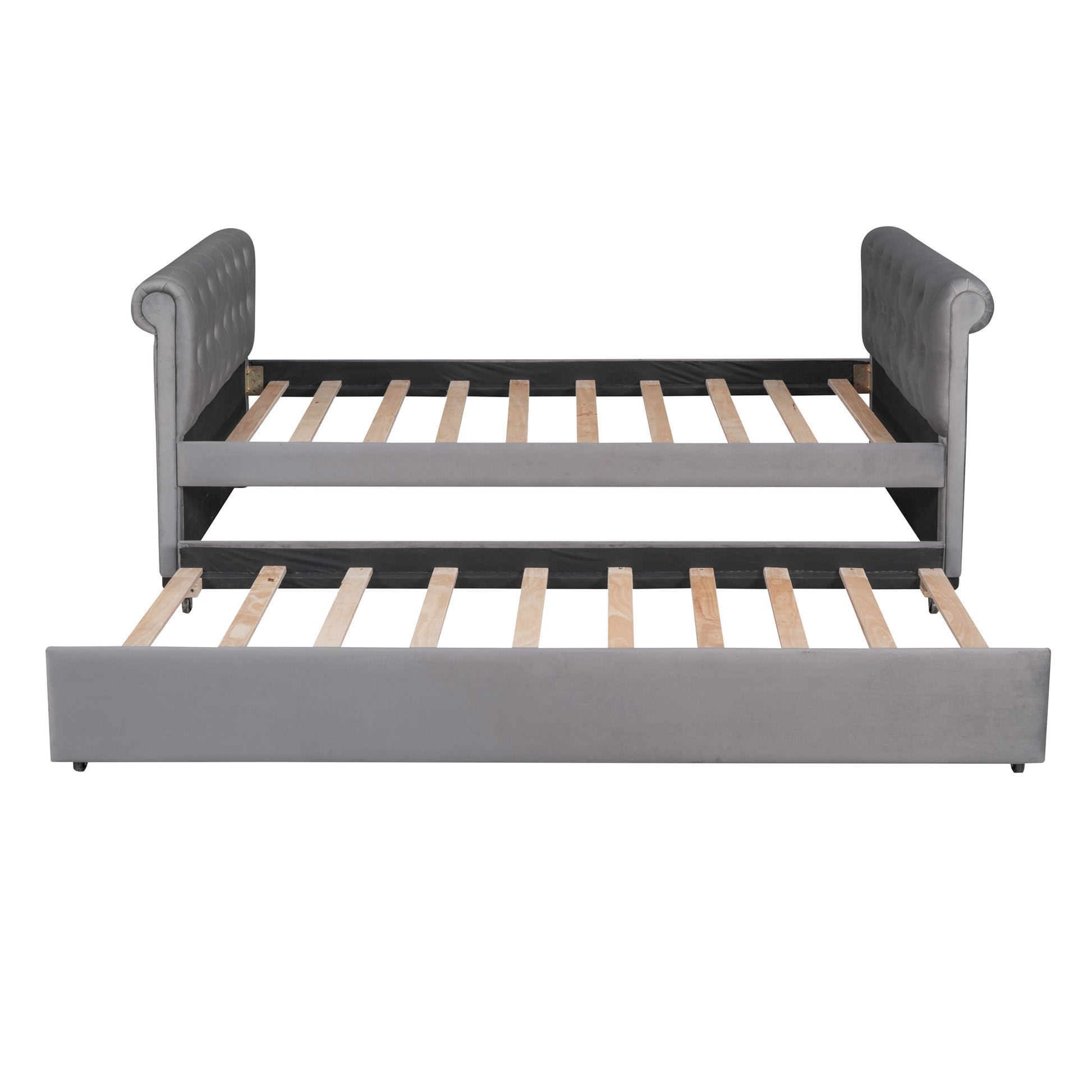 Twin Size Upholstered Daybed With Trundle, Wood Slat Support, Gray Old Sku :Lp000116Aae Gray Upholstered