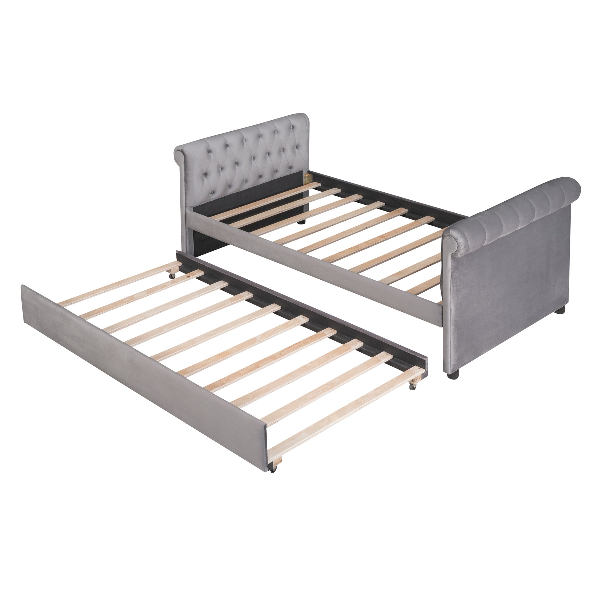 Twin Size Upholstered Daybed With Trundle, Wood Slat Support, Gray Old Sku :Lp000116Aae Gray Upholstered