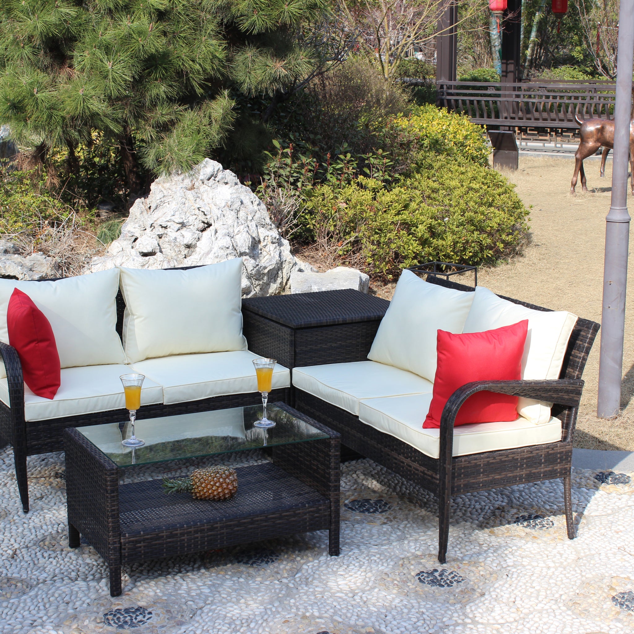 4 Piece Patio Sectional Wicker Rattan Outdoor Furniture Sofa Set With Storage Box Brown Brown Iron