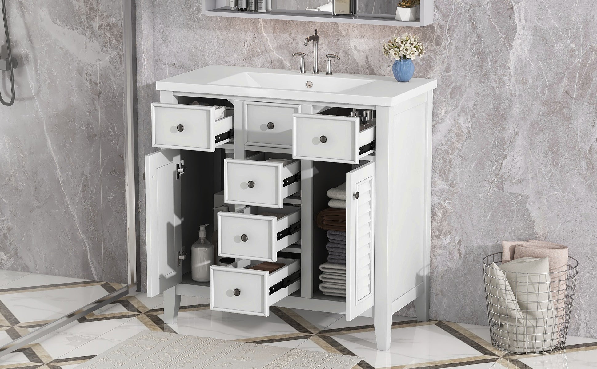 36" Bathroom Vanity With Ceramic Basin, Two Cabinets And Five Drawers, Solid Wood Frame, White Old Sku: Sy999202Aak 1 White Solid Wood Mdf