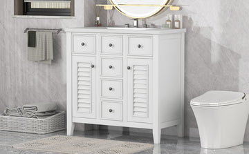 36" Bathroom Vanity With Ceramic Basin, Two Cabinets And Five Drawers, Solid Wood Frame, White Old Sku: Sy999202Aak 1 White Solid Wood Mdf