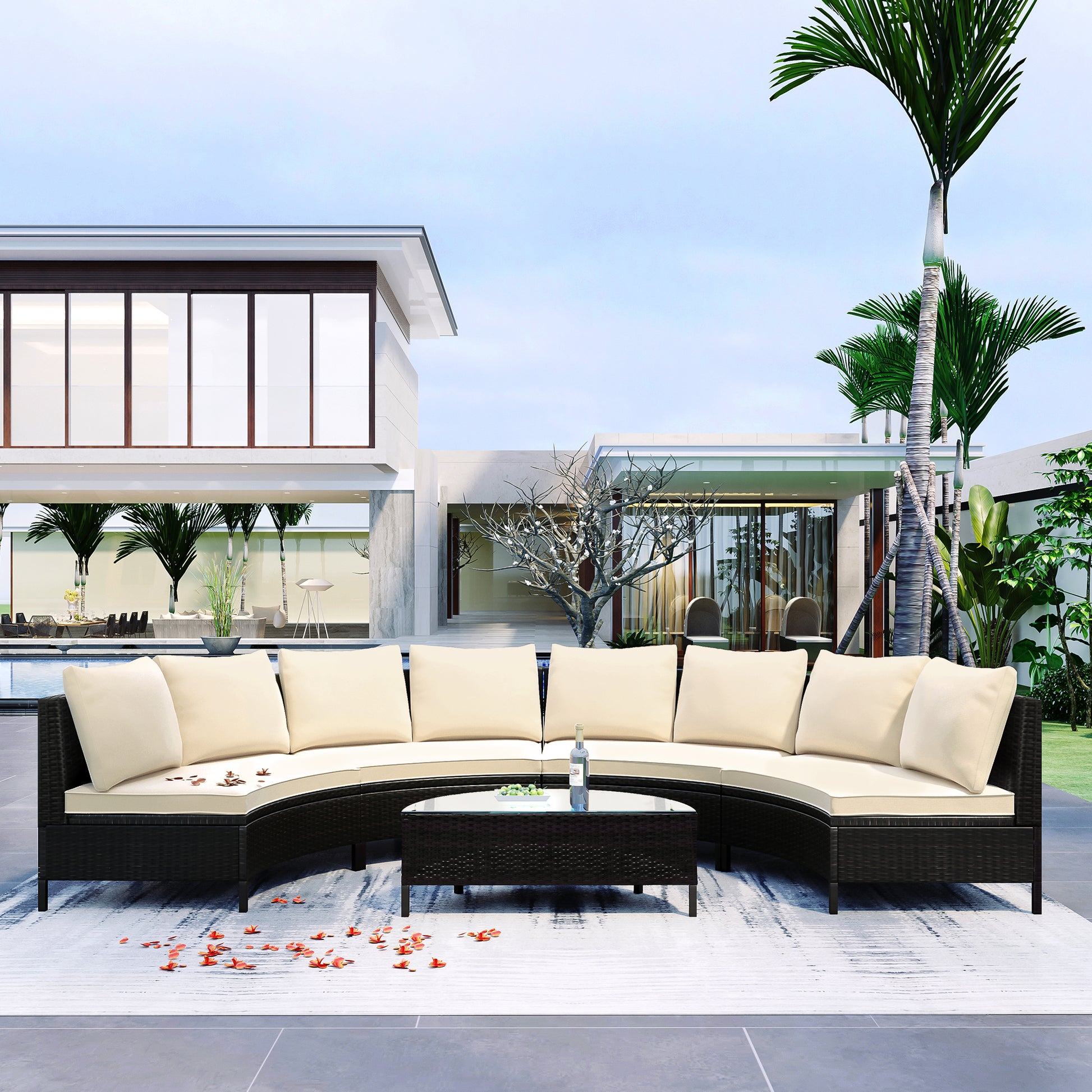 5 Pieces All Weather Brown Pe Rattan Wicker Sofa Set Outdoor Patio Sectional Furniture Set Half Moon Sofa Set With Tempered Glass Table, Beige Yes Complete Patio Set Beige Water Resistant Frame Water Resistant Cushion Garden & Outdoor Casual Sofa Seating