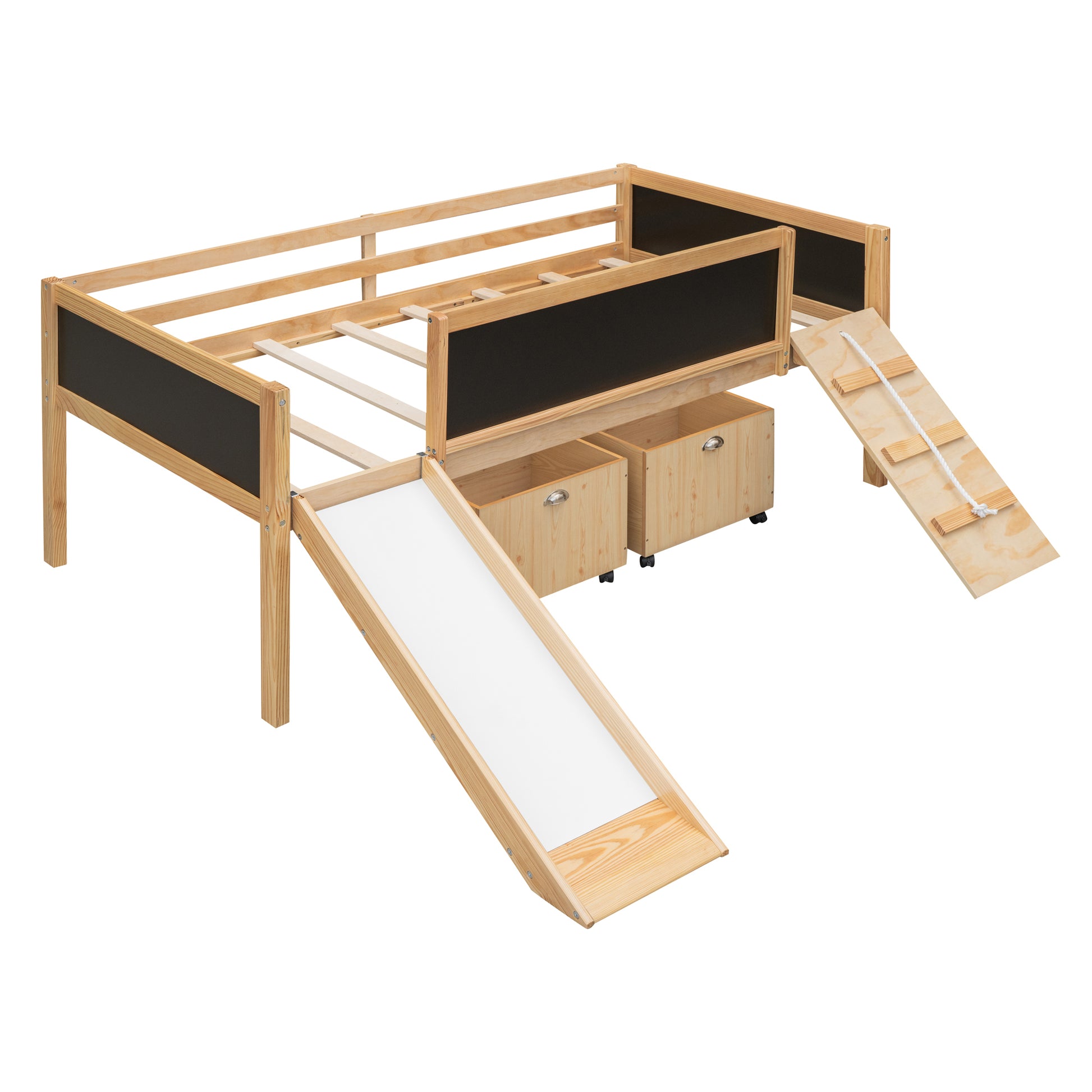 Twin Size Loft Bed Wood Bed With Two Storage Boxes Natrual Old Sku: Lp000075Aam Natural Solid Wood