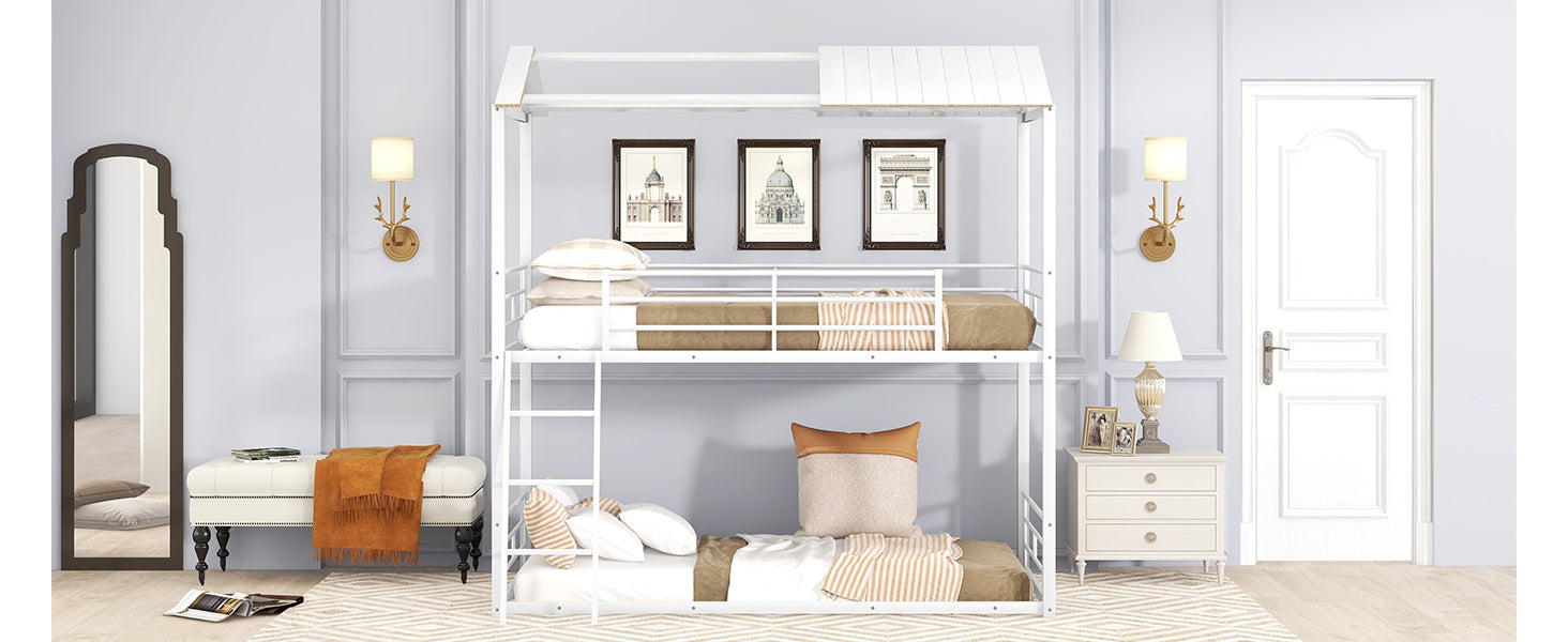 Twin Over Twin Bunk Bed Metal Bed With Half Roof, Guardrail And Ladder White White Metal