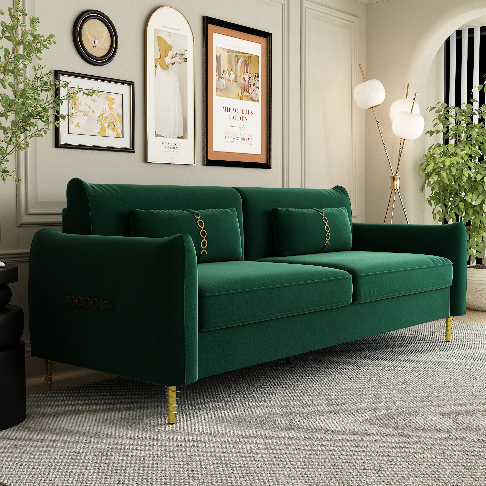 Fx P19 Rg Sofa 85.8Inch Velvet Sofa Couch Luxury Modern Upholstered Sofa With 2 Pillows For Livingroom Retro Green Velvet 2 Seat