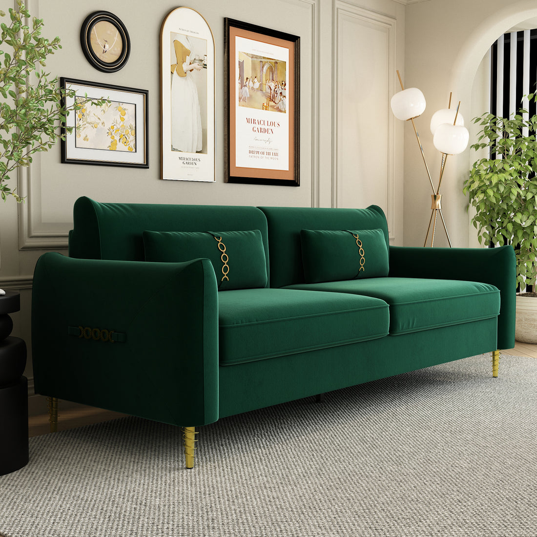 Fx P19 Rg Sofa 85.8Inch Velvet Sofa Couch Luxury Modern Upholstered Sofa With 2 Pillows For Livingroom Retro Green Velvet 2 Seat