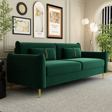Fx P19 Rg Sofa 85.8Inch Velvet Sofa Couch Luxury Modern Upholstered Sofa With 2 Pillows For Livingroom Retro Green Velvet 2 Seat
