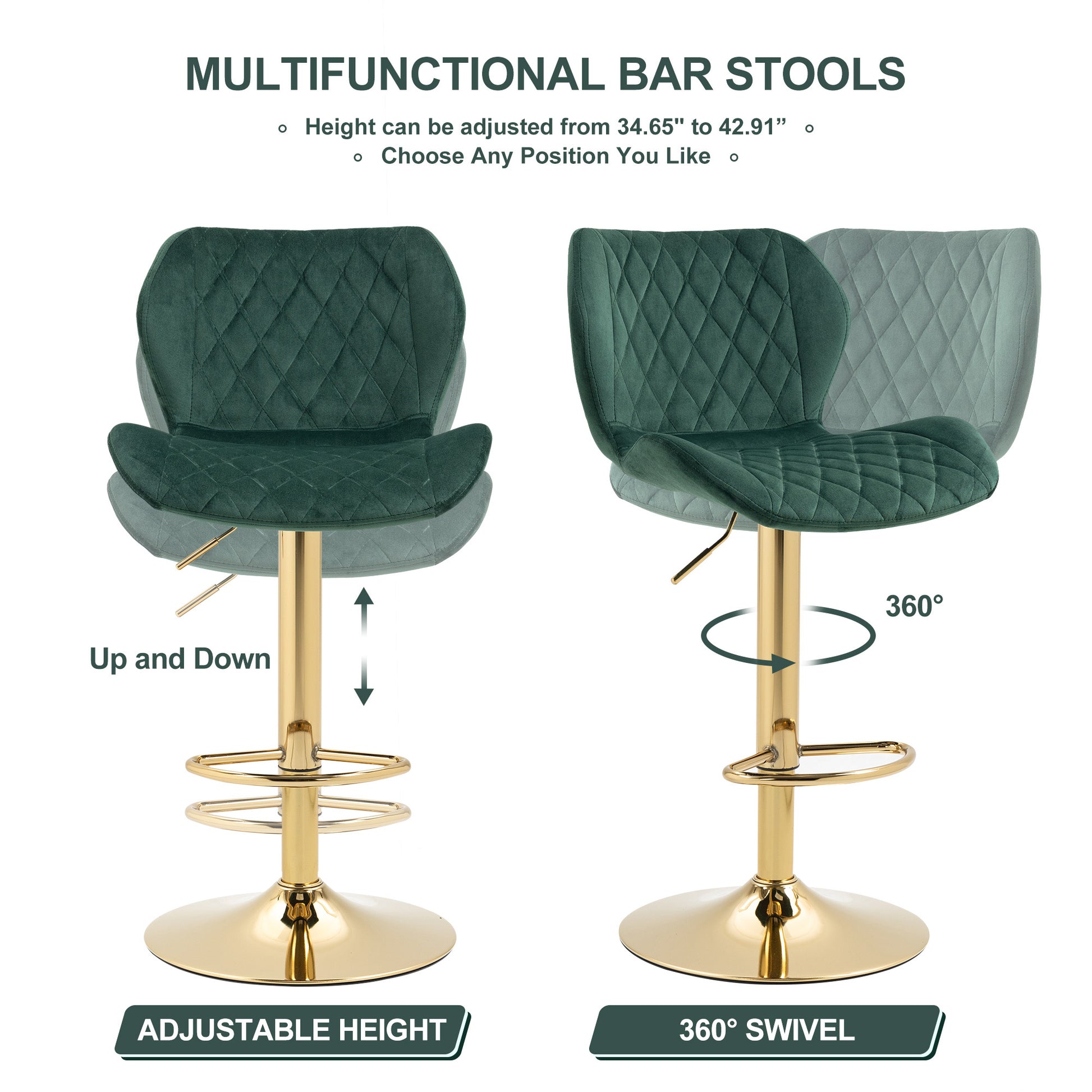 Green Velvet Adjustable Swivel Bar Stools Set Of 2 Modern Counter Height Barstools With Golden Color Base Green Kitchen Modern Foam Velvet