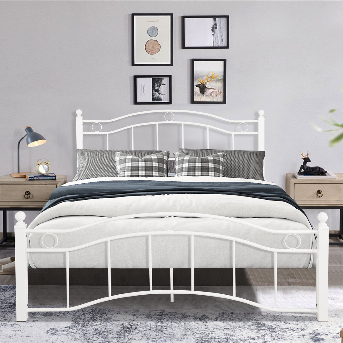 Queen Size Metal Bed Frame With Headboard And Footboard White White Metal