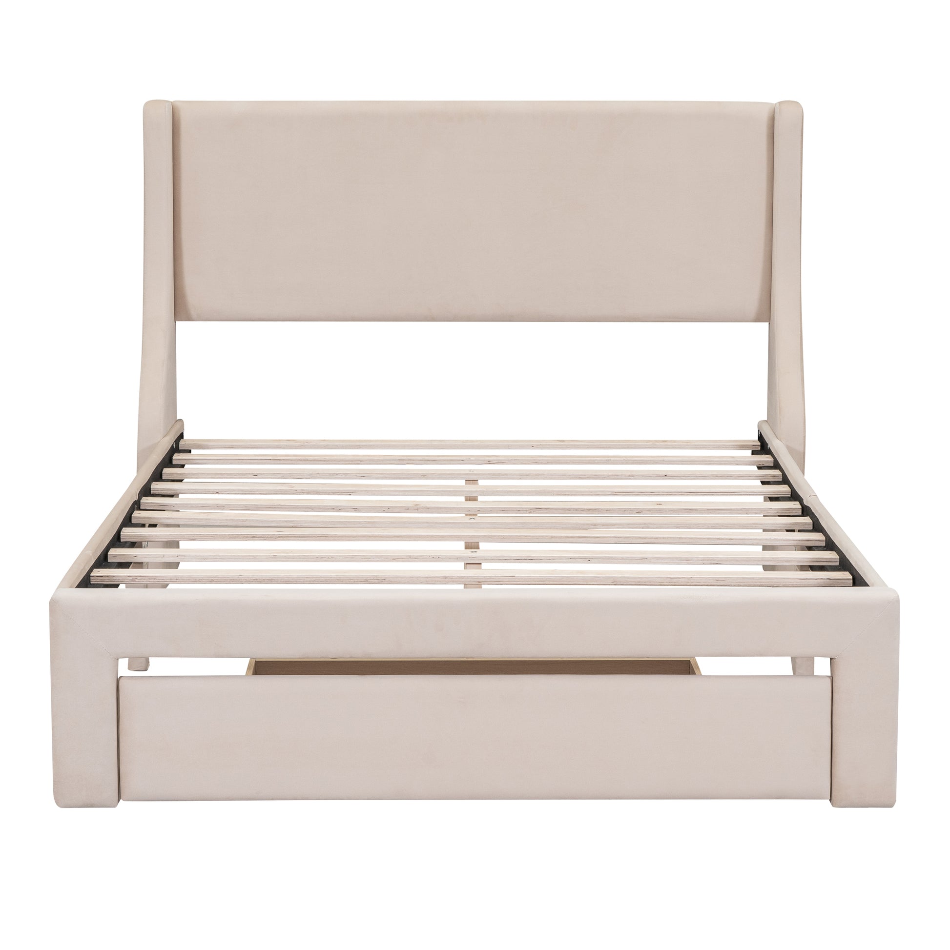 Full Size Storage Bed Velvet Upholstered Platform Bed With A Big Drawer Beige Beige Velvet