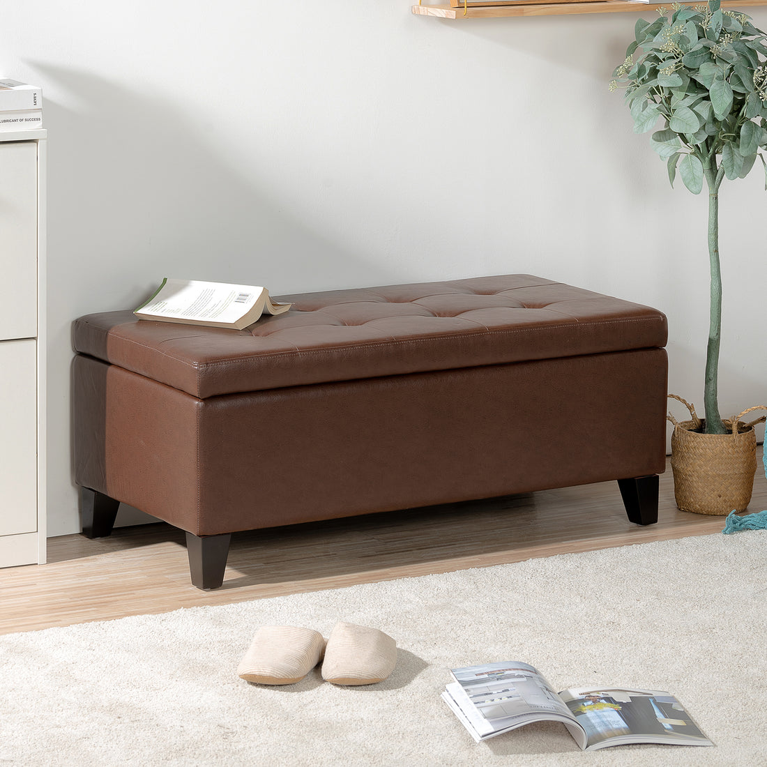 Storage Ottoman With Wooden Legs, Faux Leather Ottoman With Storage For Living Room, Bedroom & Hallway, Ottoman Foot Rest, 38.4" Brown Ottoman Brown Pu Pu Pu