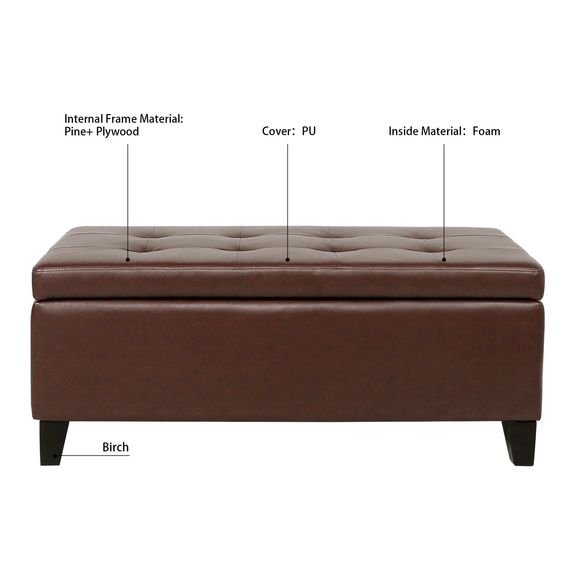 Storage Ottoman With Wooden Legs, Faux Leather Ottoman With Storage For Living Room, Bedroom & Hallway, Ottoman Foot Rest, 38.4" Brown Ottoman Brown Pu Pu Pu