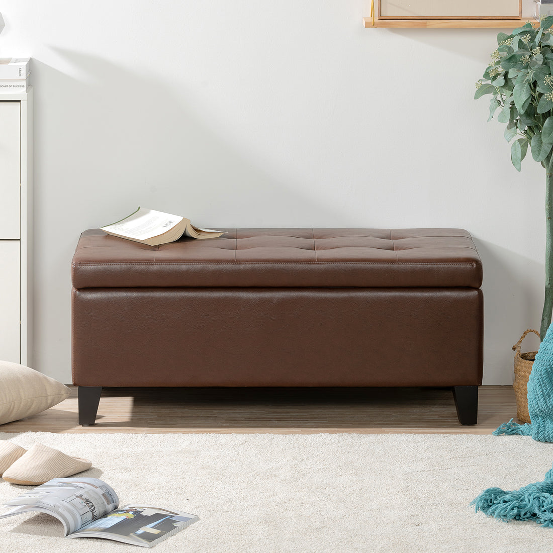 Storage Ottoman With Wooden Legs, Faux Leather Ottoman With Storage For Living Room, Bedroom & Hallway, Ottoman Foot Rest, 38.4" Brown Ottoman Brown Pu Pu Pu