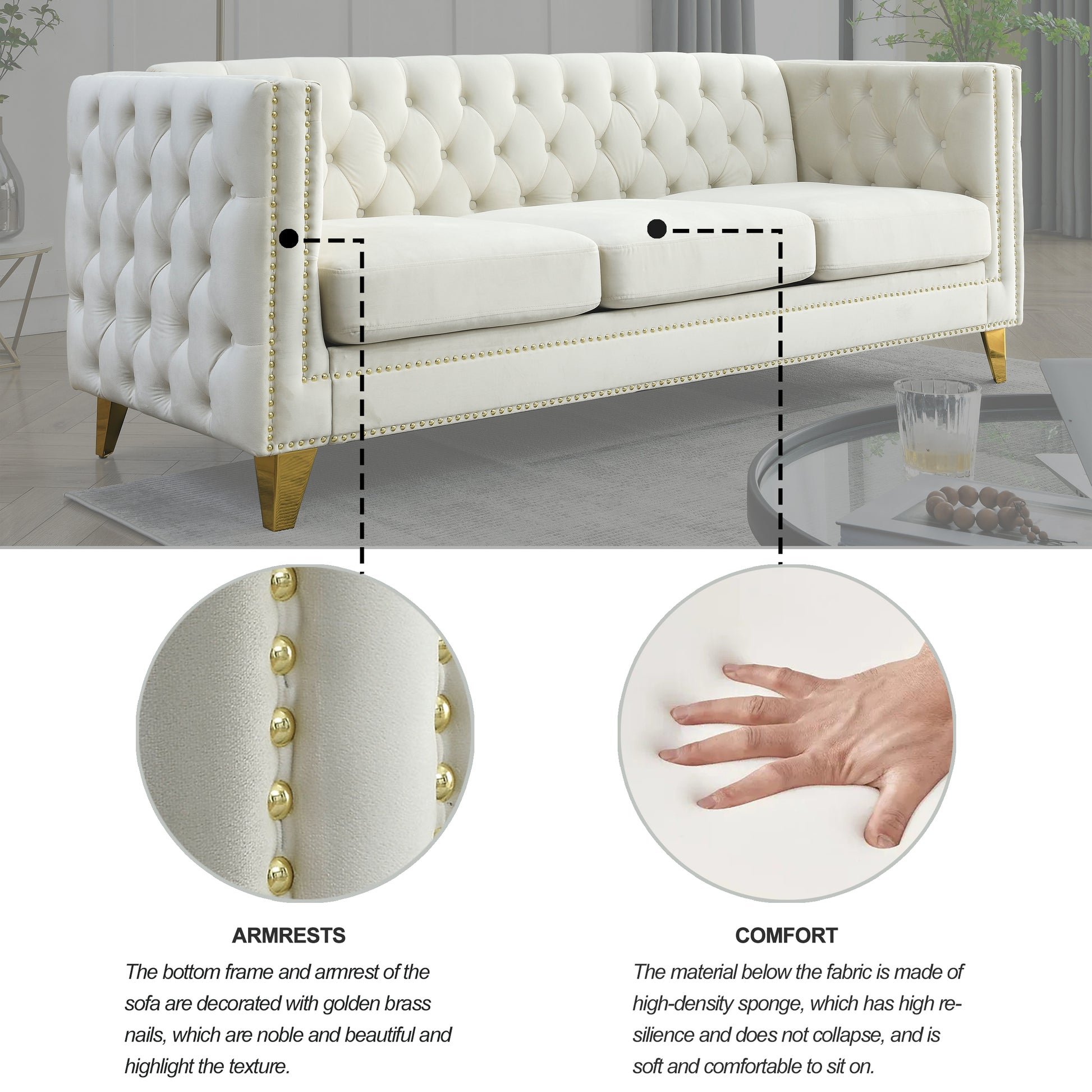 Contact Us For 3D Modeling Velvet Sofa For Living Room,Buttons Tufted Square Arm Couch, Modern Couch Upholstered Button And Metal Legs, Sofa Couch For Bedroom, Beige Velvet ,2Pcs Beige Foam Velvet