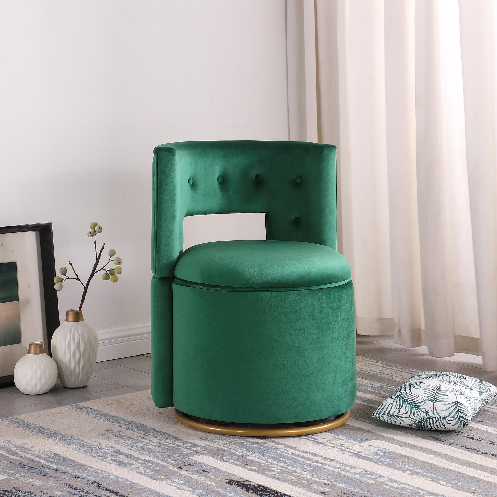 360 Swivel Accent Chair With Storage Function, Velvet Curved Chair With Gold Metal Base For Living Room, Nursery, Bedroom Video Green Velvet