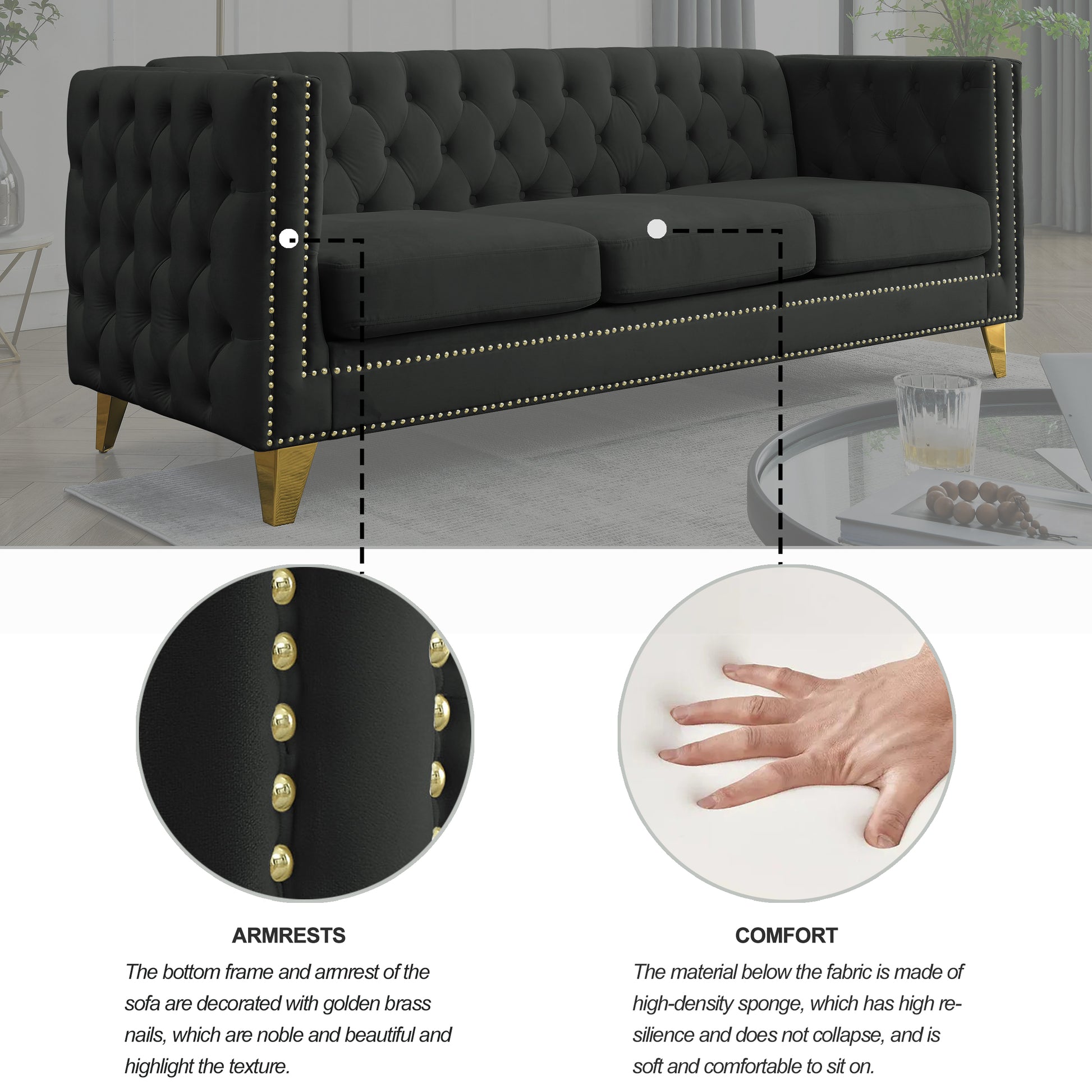 Contact Us For 3D Modeling Velvet Sofa For Living Room,Buttons Tufted Square Arm Couch, Modern Couch Upholstered Button And Metal Legs, Sofa Couch For Bedroom, Black Velvet ,2Pcs Black Foam Velvet