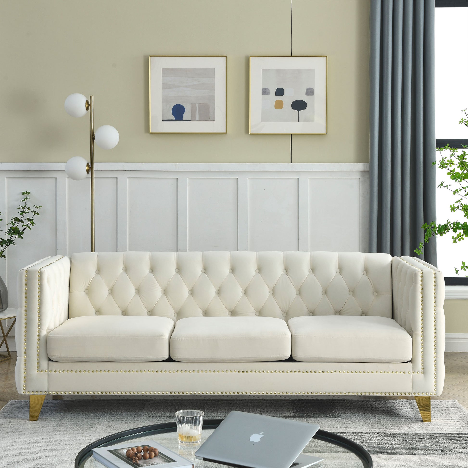Contact Us For 3D Modeling Velvet Sofa For Living Room,Buttons Tufted Square Arm Couch, Modern Couch Upholstered Button And Metal Legs, Sofa Couch For Bedroom, Beige Velvet W834S00023 Beige Foam Velvet