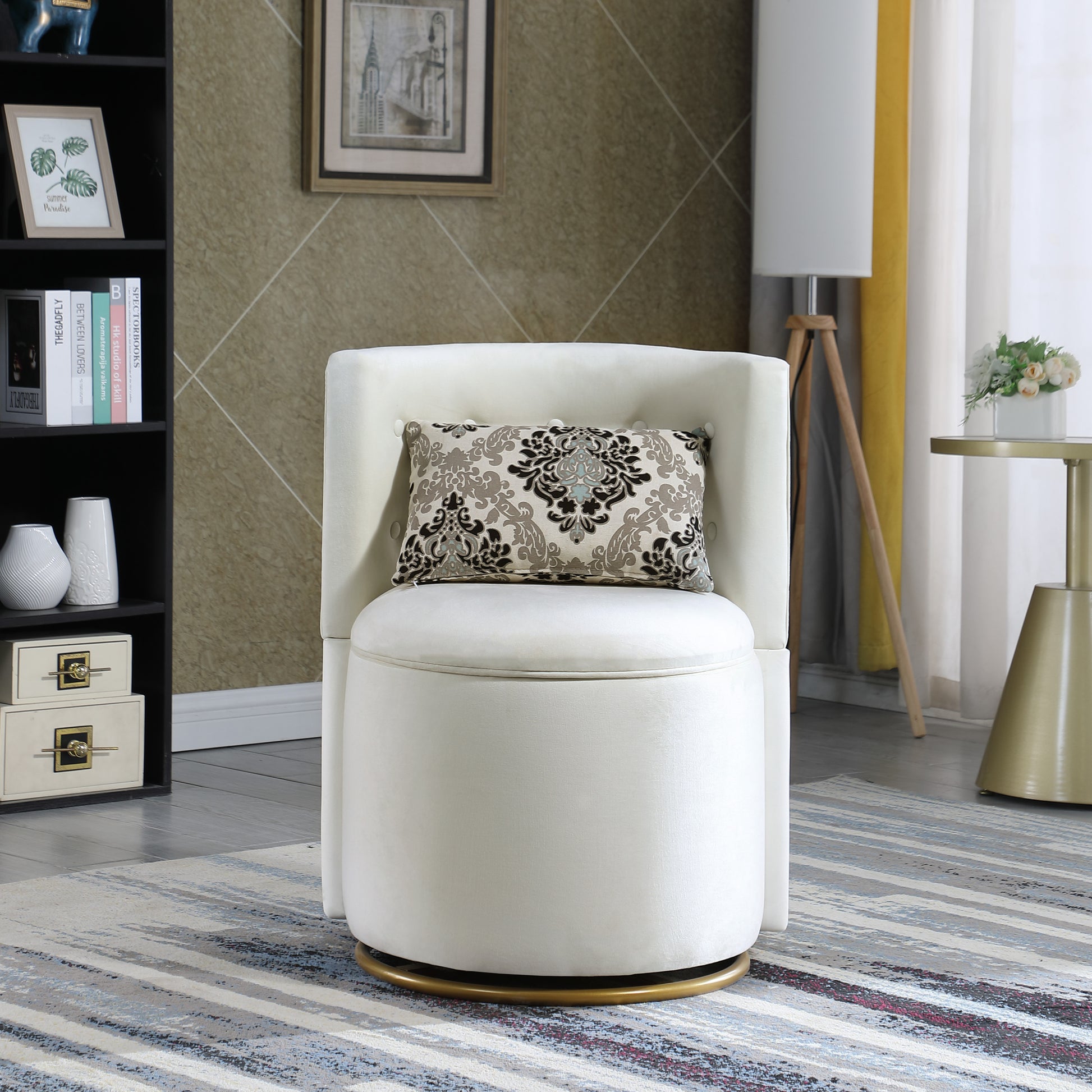 360 Swivel Accent Chair With Storage Function, Velvet Curved Chair With Gold Metal Base For Living Room, Nursery, Bedroom Video Beige Fabric