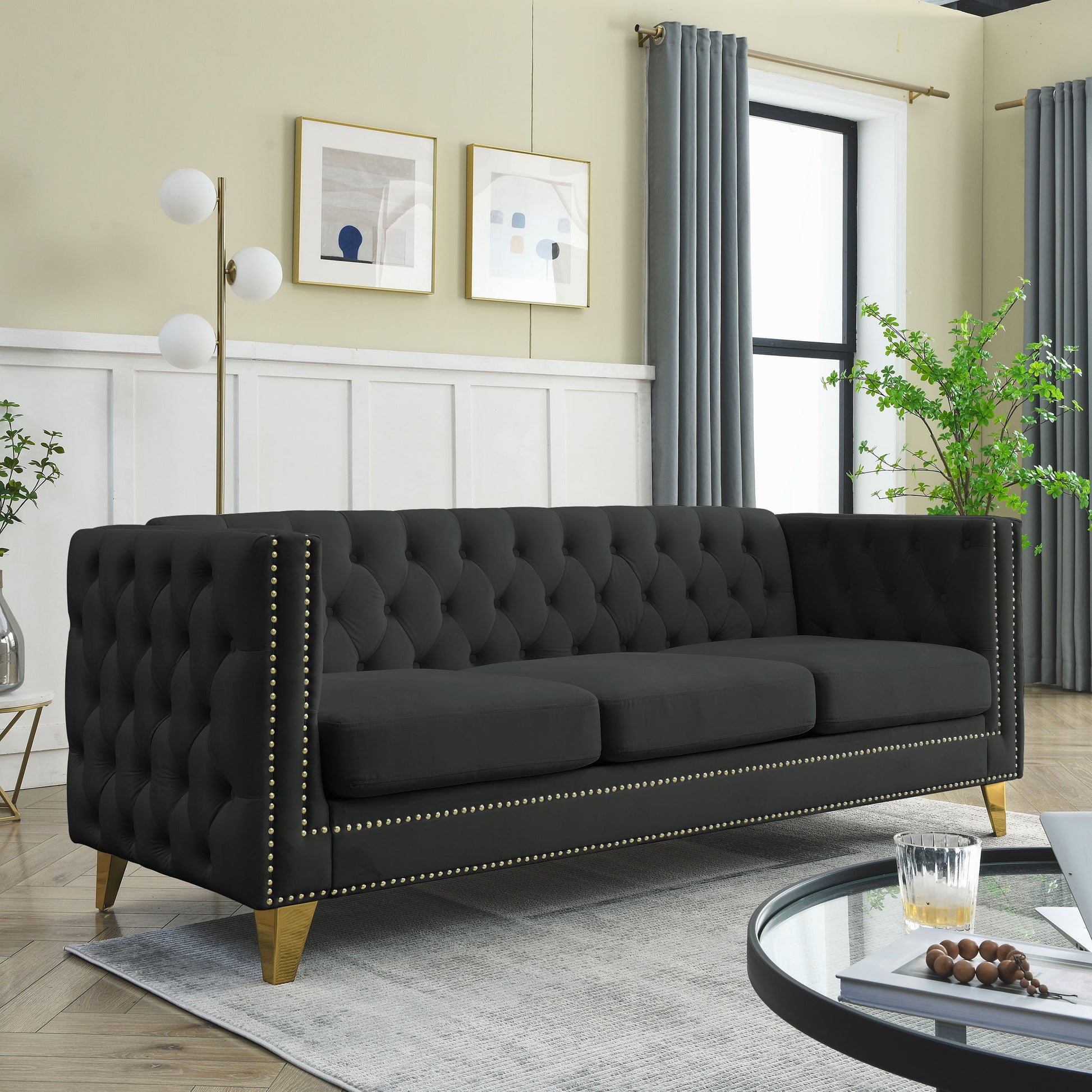 Contact Us For 3D Modeling Velvet Sofa For Living Room,Buttons Tufted Square Arm Couch, Modern Couch Upholstered Button And Metal Legs, Sofa Couch For Bedroom, Black Velvet ,2Pcs Black Foam Velvet