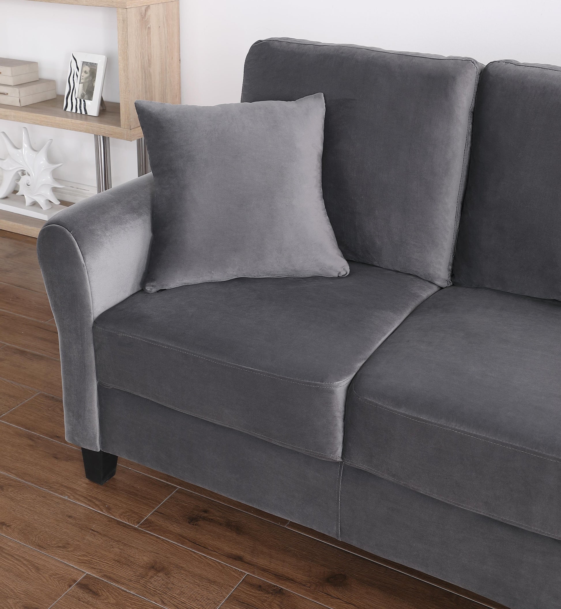 Modern Velvet Couch With 2 Pillow, 78 Inch Width Living Room Furniture, 3 Seater Sofa With Plastic Legs Gray Velvet