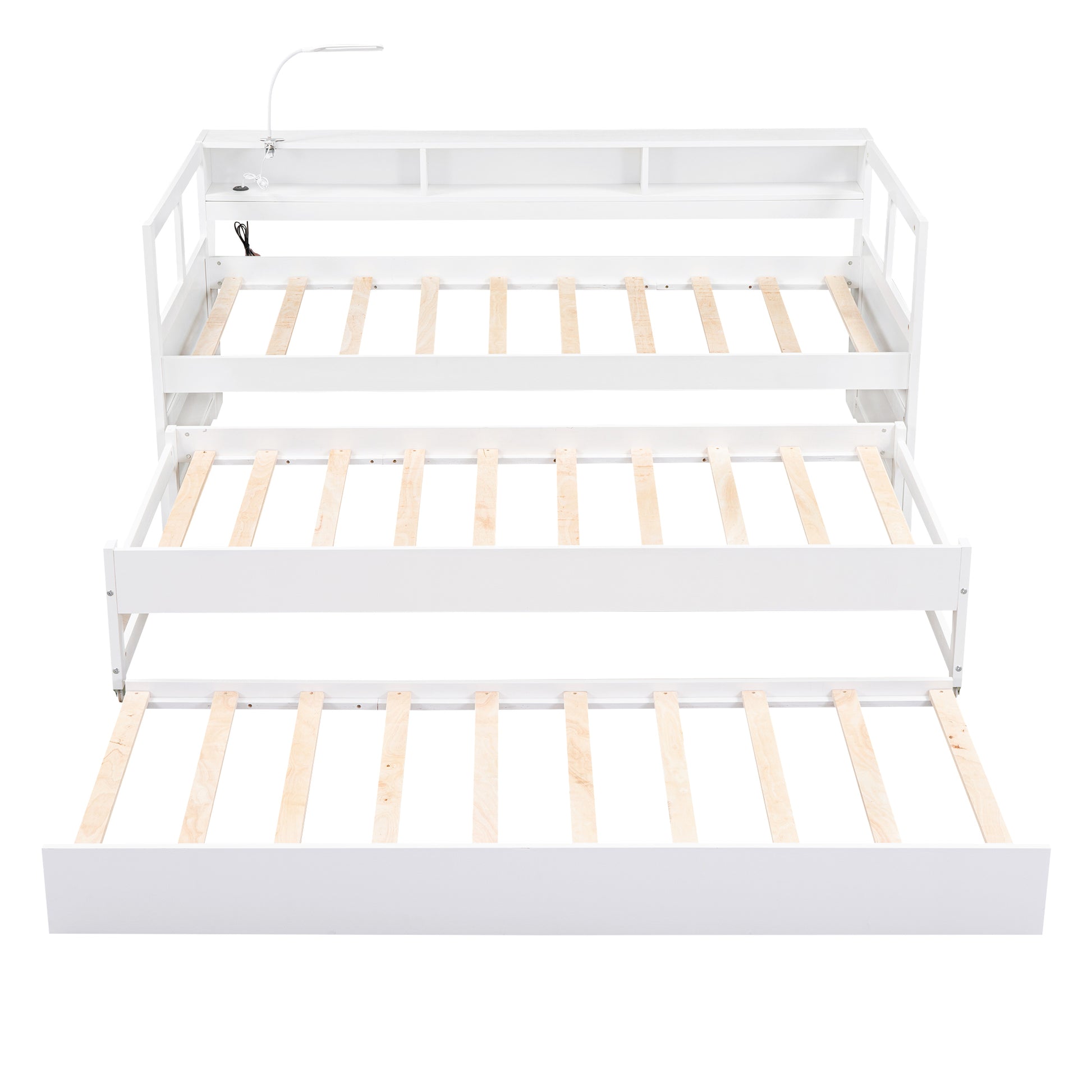 Twin Xl Wood Daybed With 2 Trundles, 3 Storage Cubbies, 1 Light And Usb Charging Design, White Gray Solid Wood