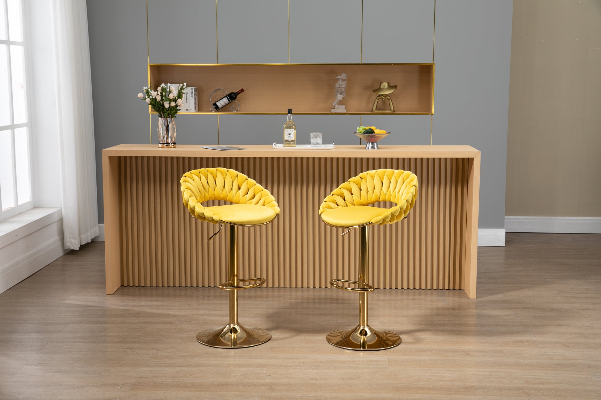 Coolmore Swivel Bar Stools Set Of 2 Adjustable Counter Height Chairs With Footrest For Kitchen, Dining Room 2Pc Set Mustard Yellow Polyester