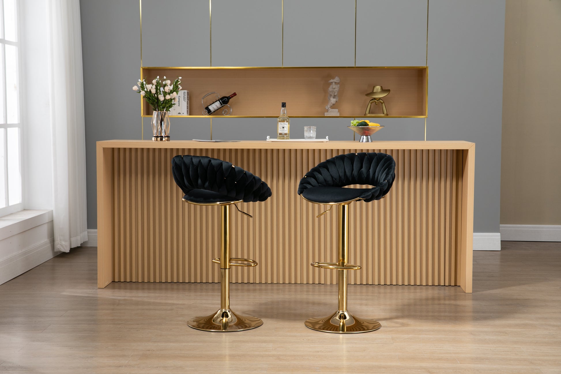 Coolmore Swivel Bar Stools Set Of 2 Adjustable Counter Height Chairs With Footrest For Kitchen, Dining Room 2Pc Set Black Polyester