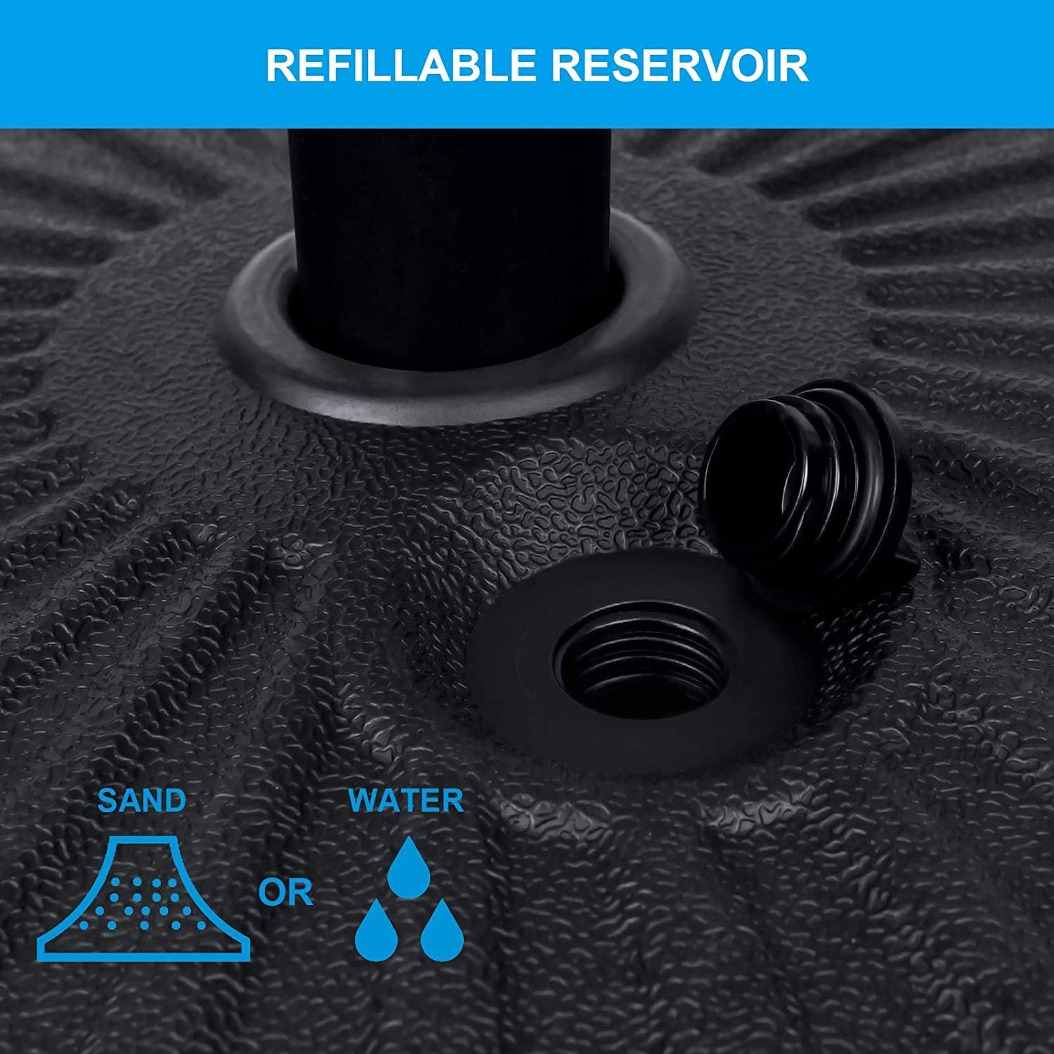 Simple Deluxe 20" Heavy Duty Patio Market Umbrella Stand With Steel Holder Water Filled For Outdoor, Lawn, Garden, 20Inch, Round Base Black Plastic