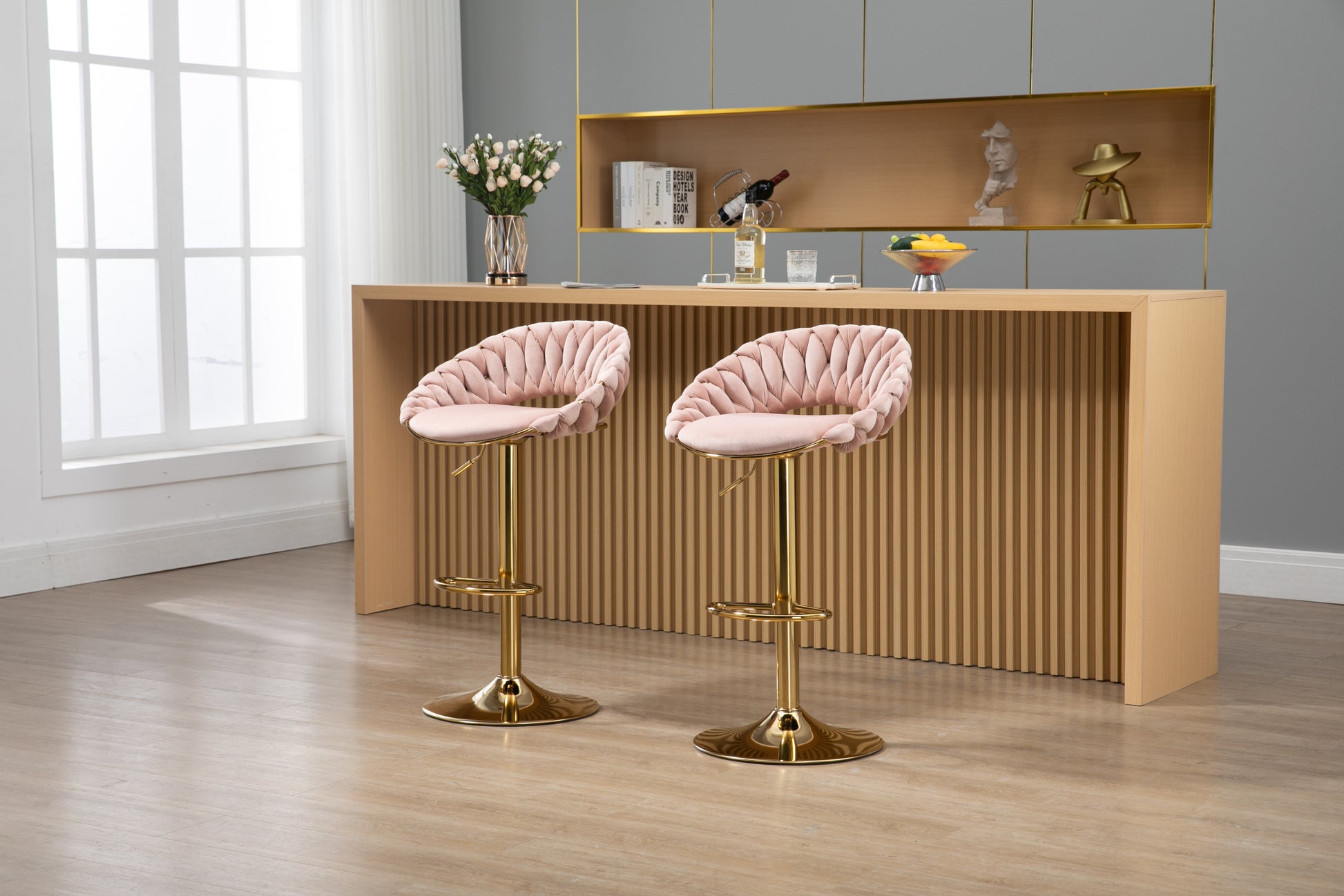 Coolmore Swivel Bar Stools Set Of 2 Adjustable Counter Height Chairs With Footrest For Kitchen, Dining Room 2Pc Set Pink Polyester