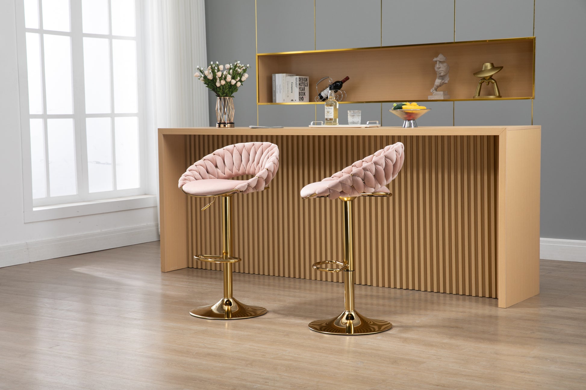 Coolmore Swivel Bar Stools Set Of 2 Adjustable Counter Height Chairs With Footrest For Kitchen, Dining Room 2Pc Set Pink Polyester