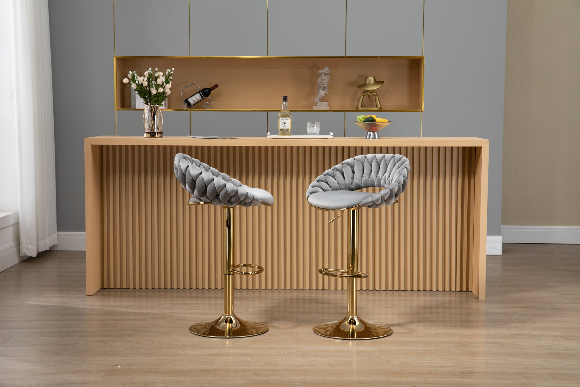 Coolmore Swivel Bar Stools Set Of 2 Adjustable Counter Height Chairs With Footrest For Kitchen, Dining Room 2Pc Set Gray Polyester