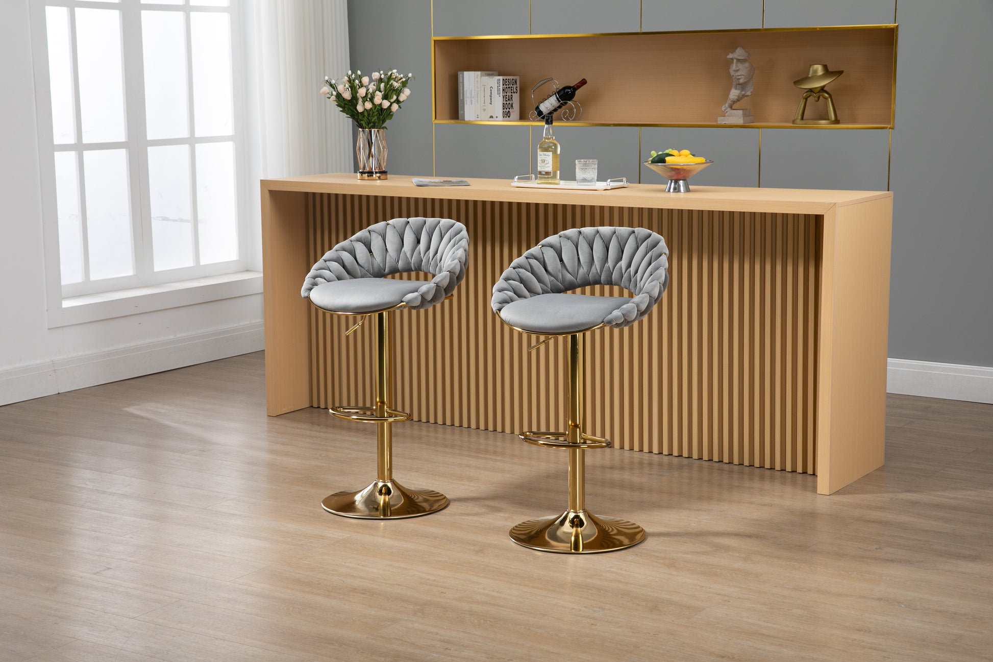 Coolmore Swivel Bar Stools Set Of 2 Adjustable Counter Height Chairs With Footrest For Kitchen, Dining Room 2Pc Set Gray Polyester