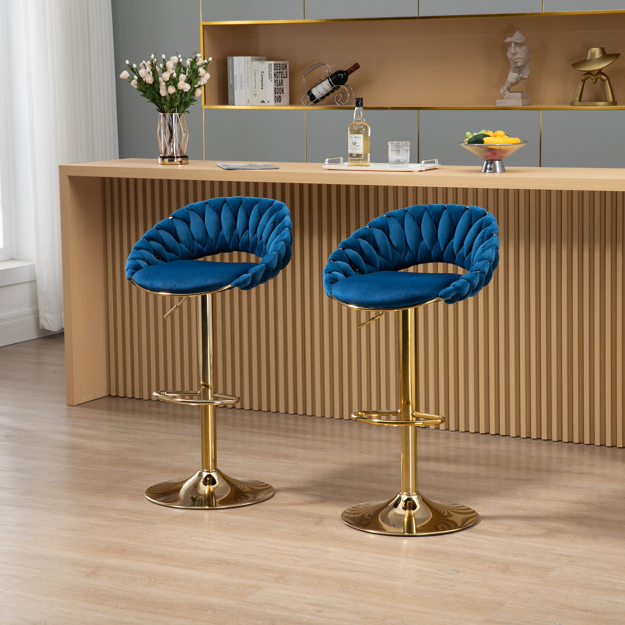 Coolmore Swivel Bar Stools Set Of 2 Adjustable Counter Height Chairs With Footrest For Kitchen, Dining Room 2Pc Set Navy Blue Polyester