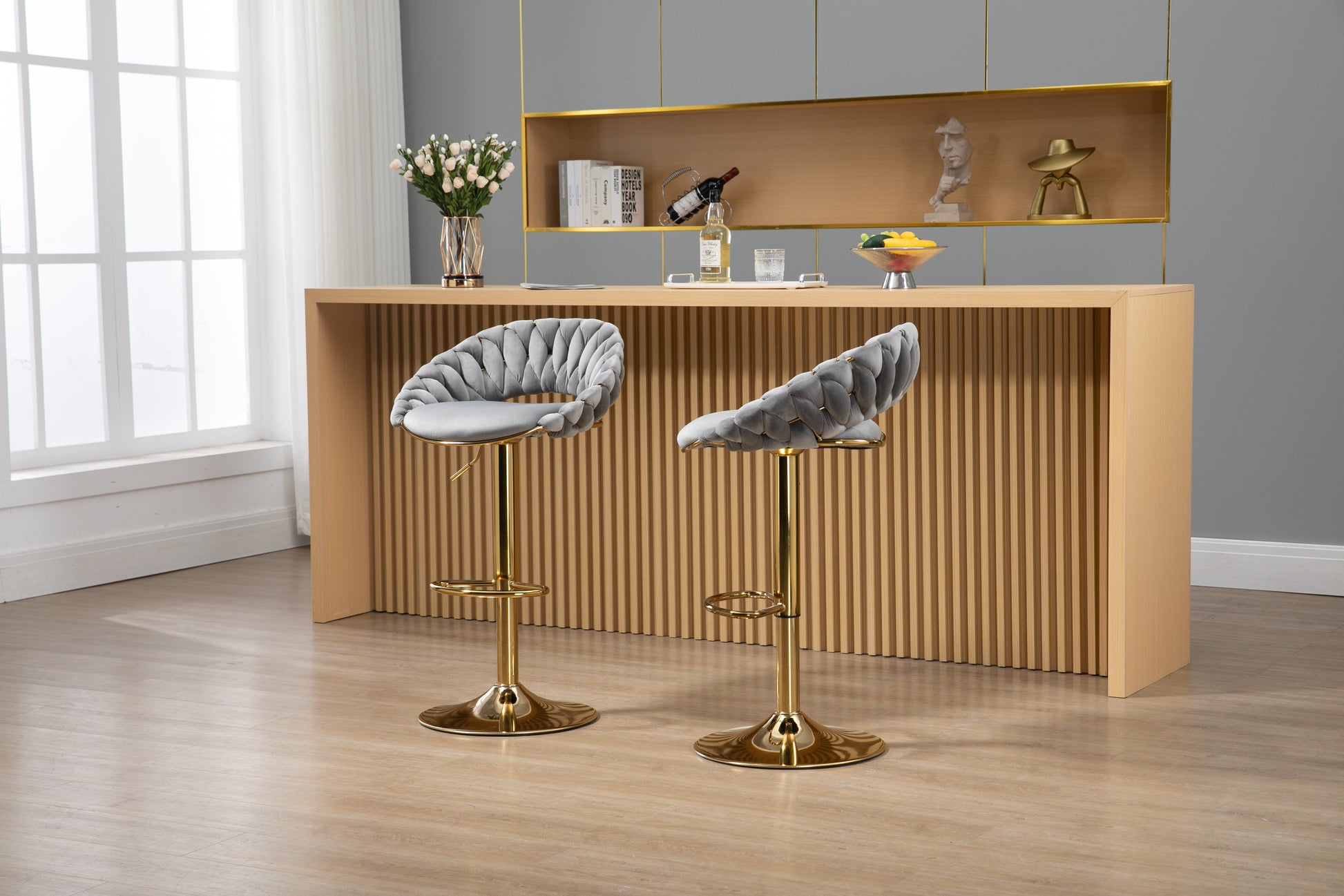 Coolmore Swivel Bar Stools Set Of 2 Adjustable Counter Height Chairs With Footrest For Kitchen, Dining Room 2Pc Set Gray Polyester