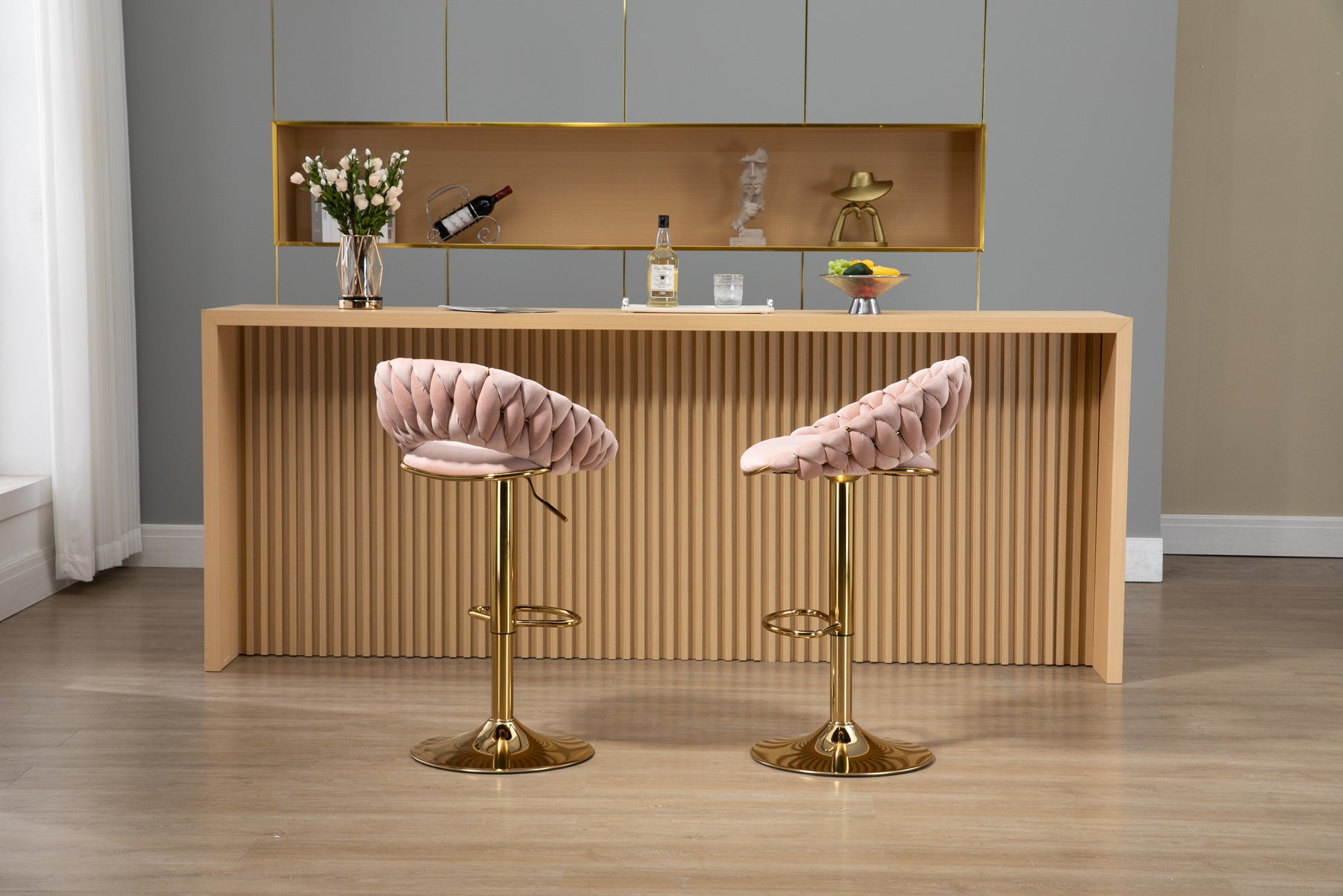 Coolmore Swivel Bar Stools Set Of 2 Adjustable Counter Height Chairs With Footrest For Kitchen, Dining Room 2Pc Set Pink Polyester