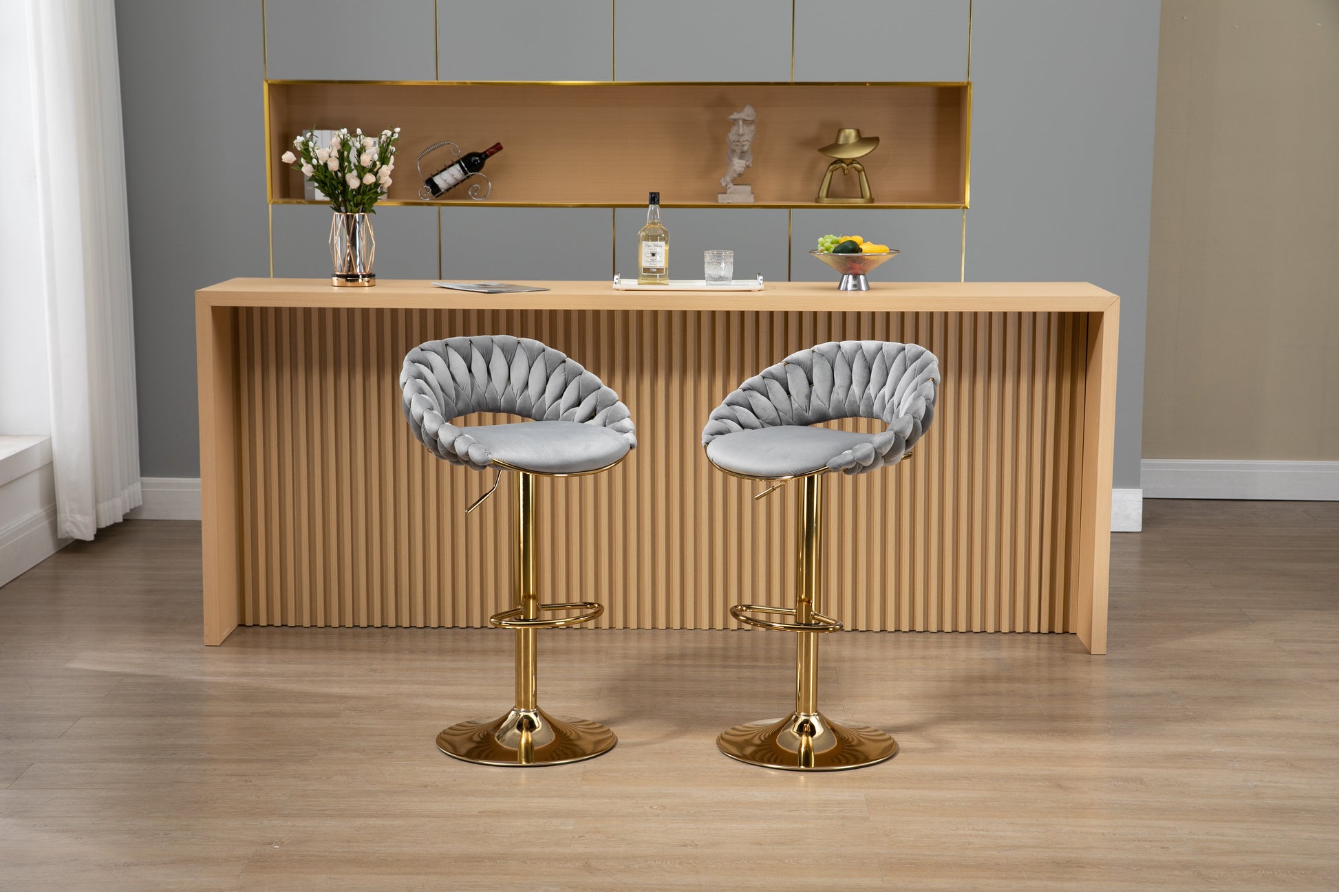 Coolmore Swivel Bar Stools Set Of 2 Adjustable Counter Height Chairs With Footrest For Kitchen, Dining Room 2Pc Set Gray Polyester